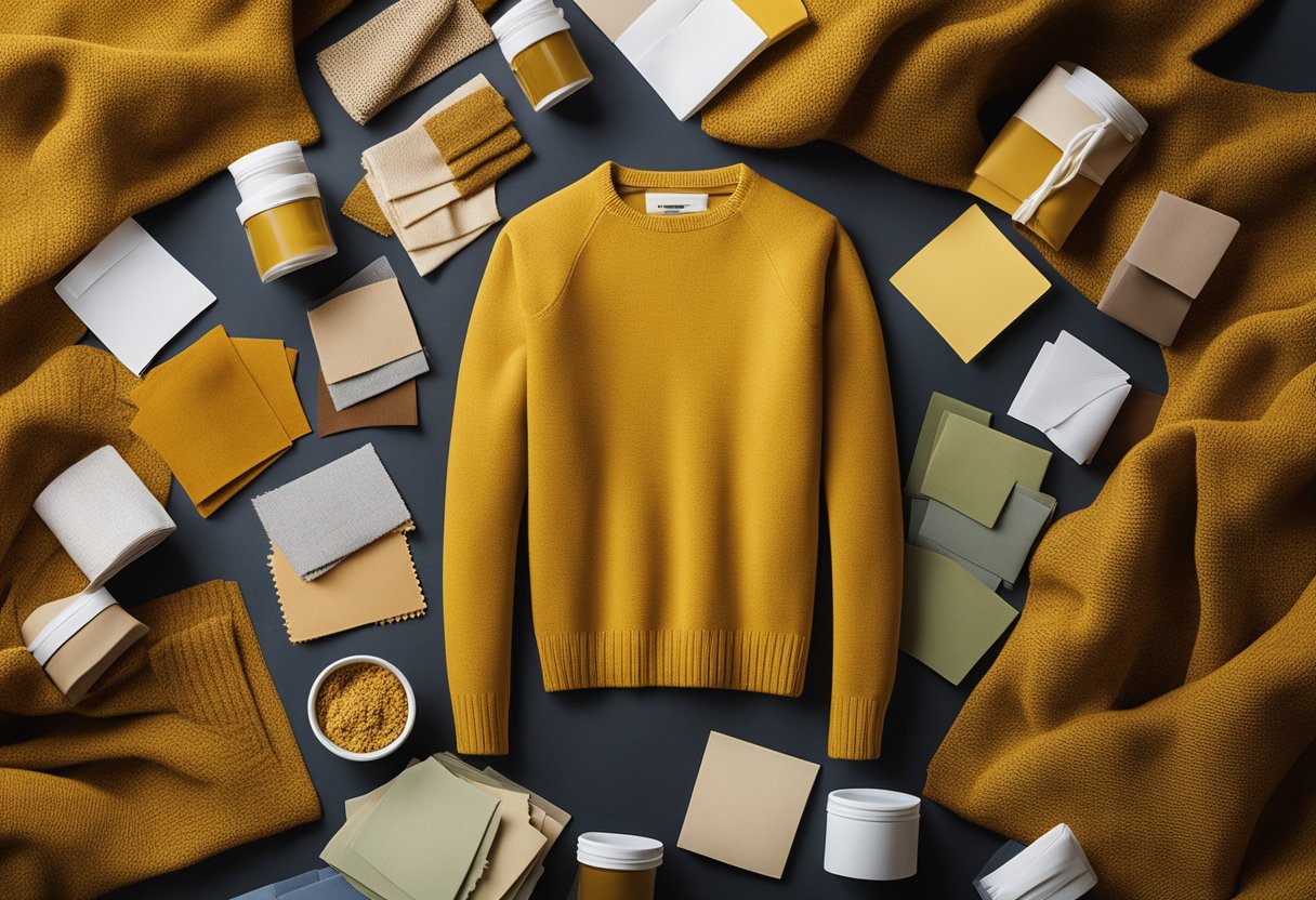 A mustard yellow sweater surrounded by various color swatches and fabric samples