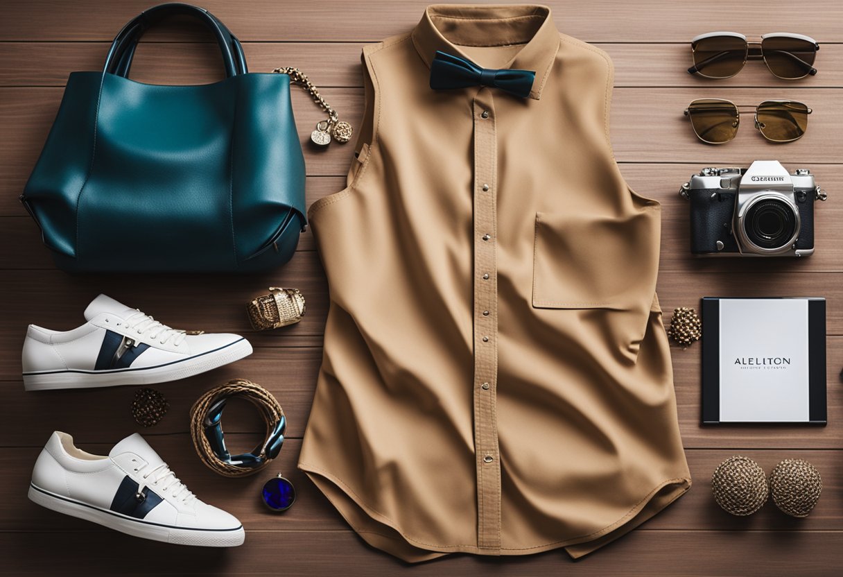 A tan outfit with a selection of colorful accessories laid out on a table