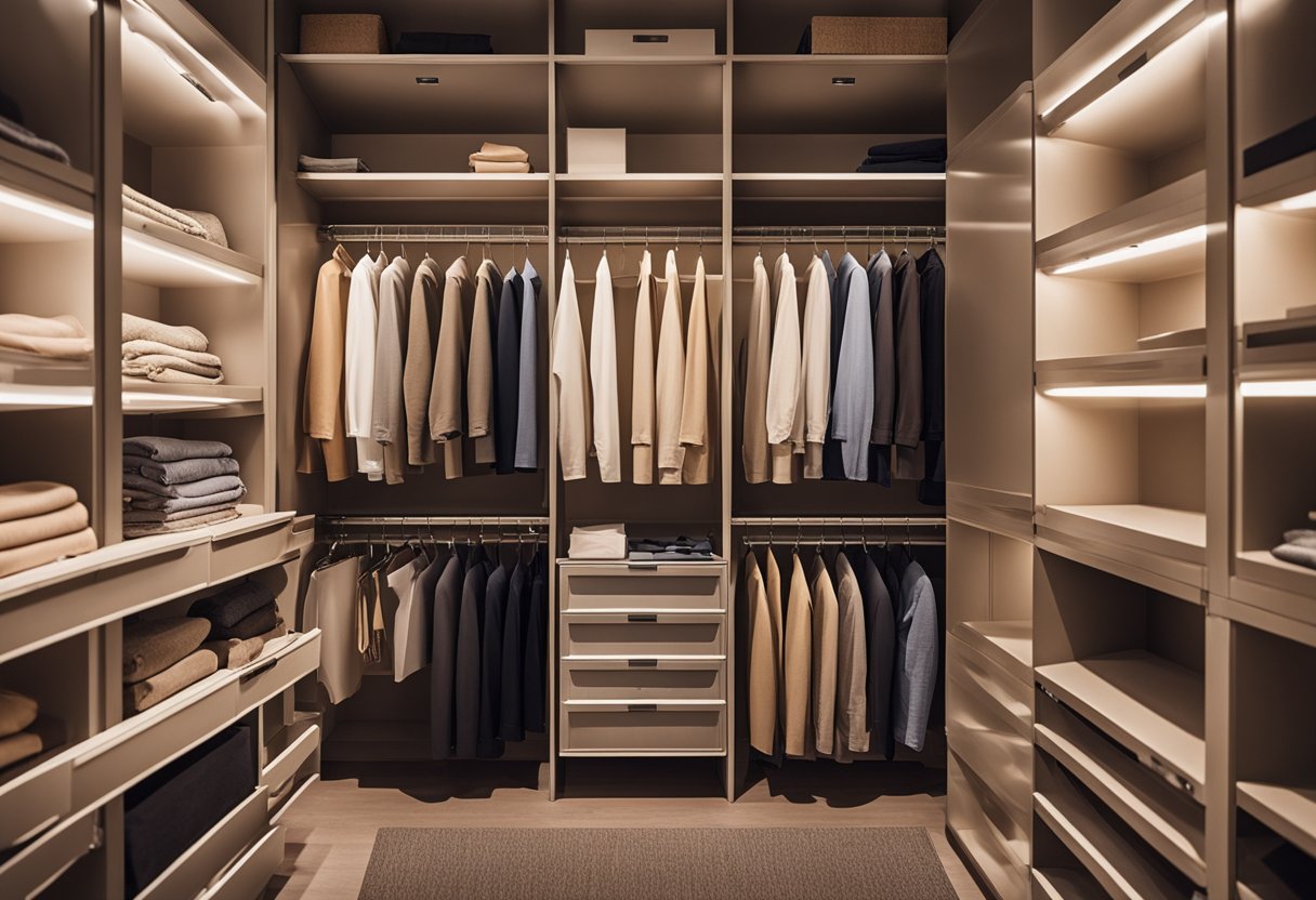 A closet filled with tan clothes surrounded by color swatches and paint samples