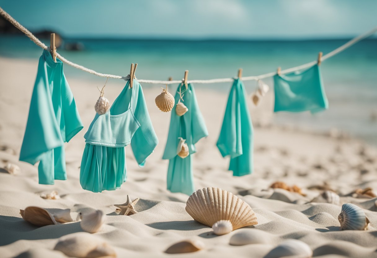 A beach scene with aqua clothing hanging on a line, surrounded by seashells and tropical flowers