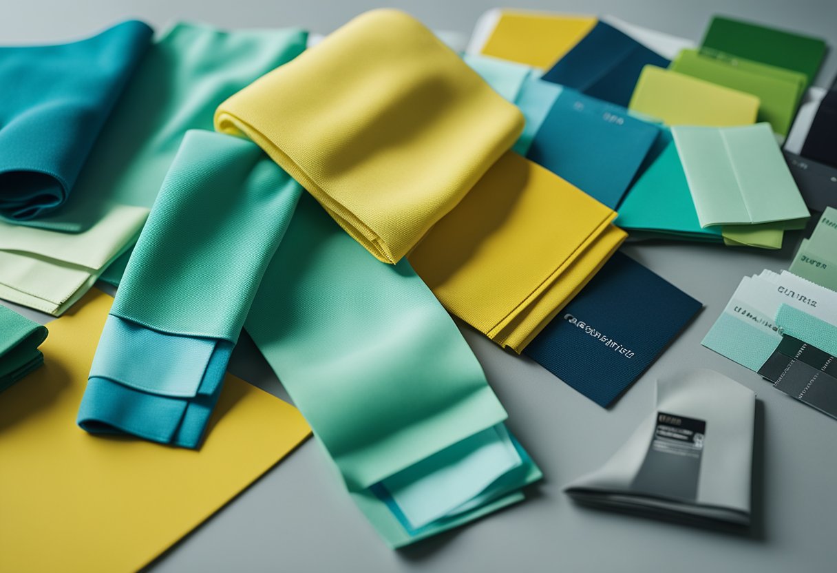 Aqua clothes paired with various color swatches, including blue, green, and yellow, displayed on a table for reference