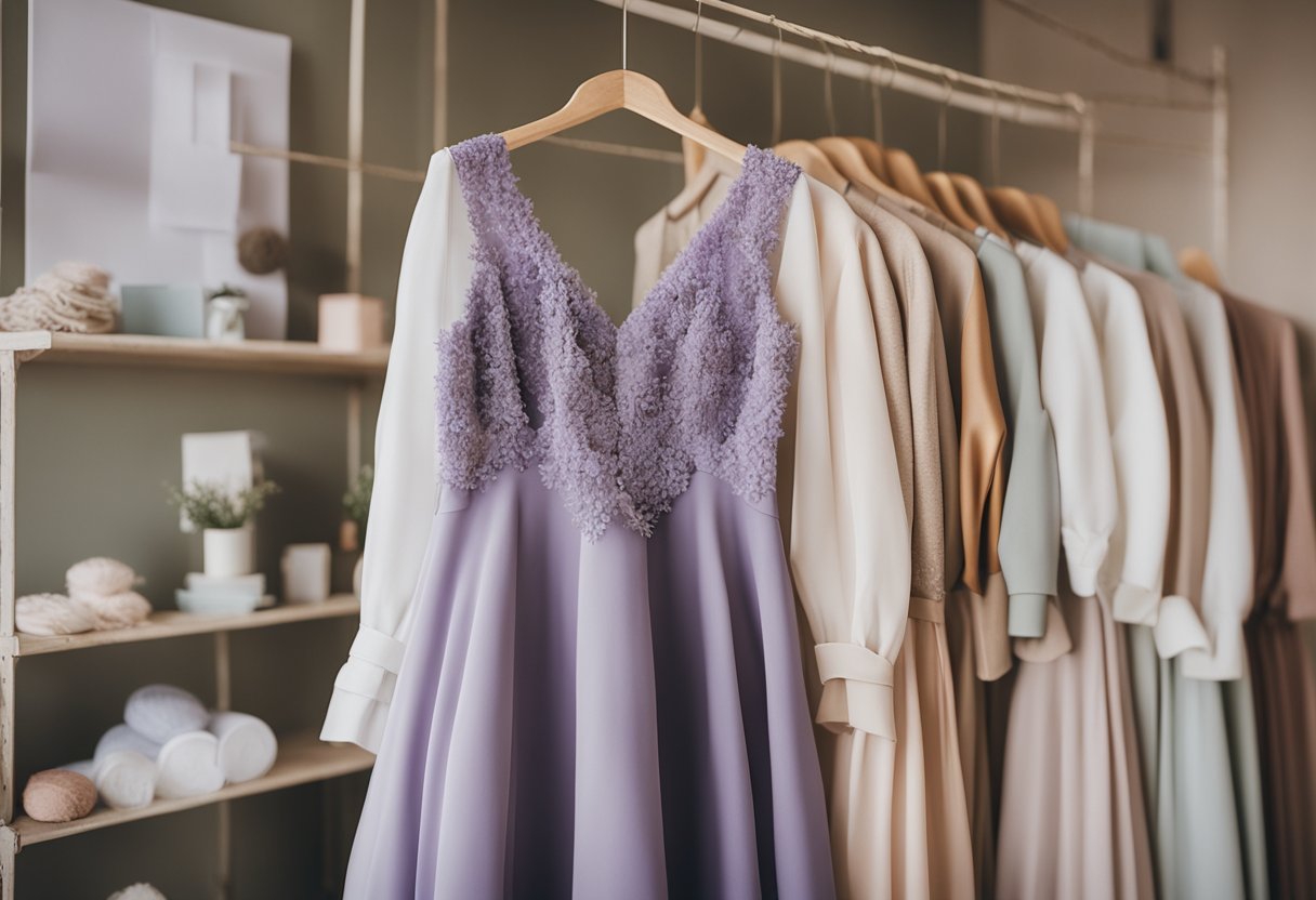 A lavender dress hangs on a rack surrounded by soft pastel colors and earthy tones, with swatches of fabric and paint chips scattered nearby