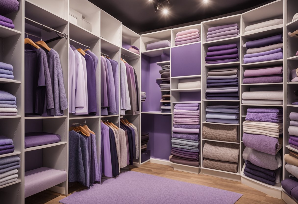 A lavender wardrobe surrounded by color swatches and fabric samples in various hues