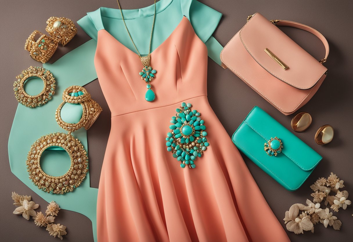 A coral dress with matching accessories, surrounded by complementary colors like turquoise, mint green, and gold