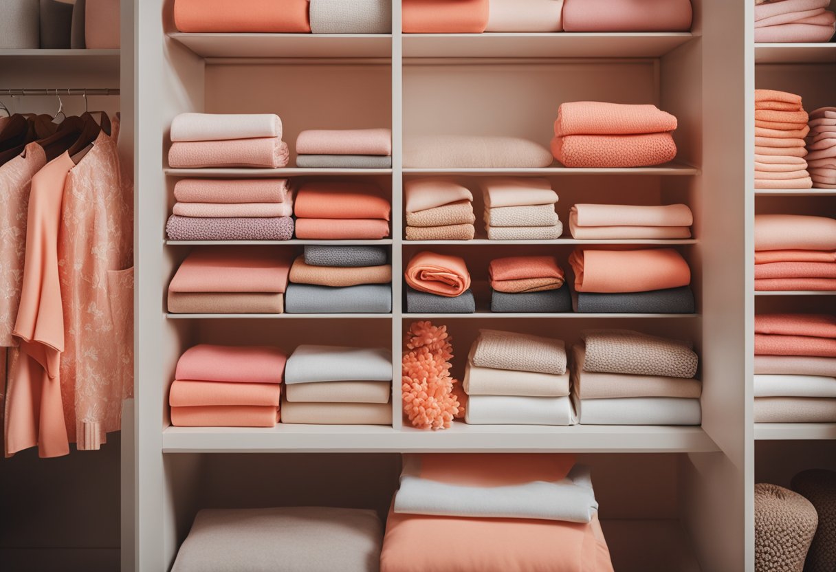 A closet filled with coral clothes and various color swatches spread out on a table