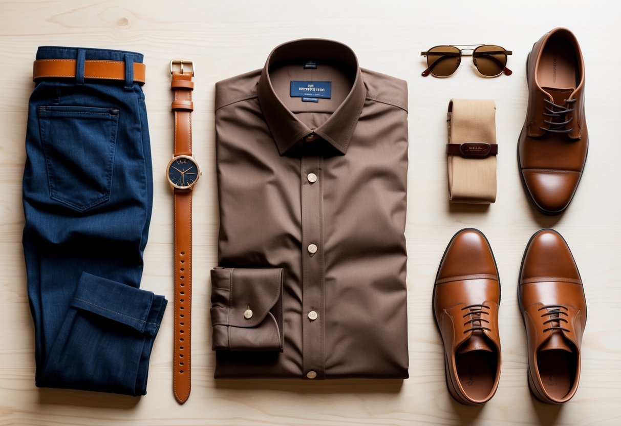 Flat lay of a brown shirt surrounded by jeans, chinos, a leather belt, brown shoes, a wristwatch, and sunglasses on a wooden surface.