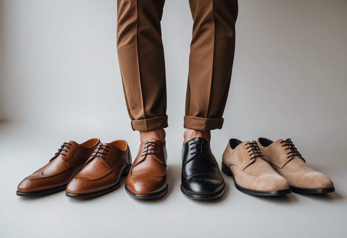 Close-up of a person wearing brown pants with several pairs of different colored shoes displayed on the floor nearby.