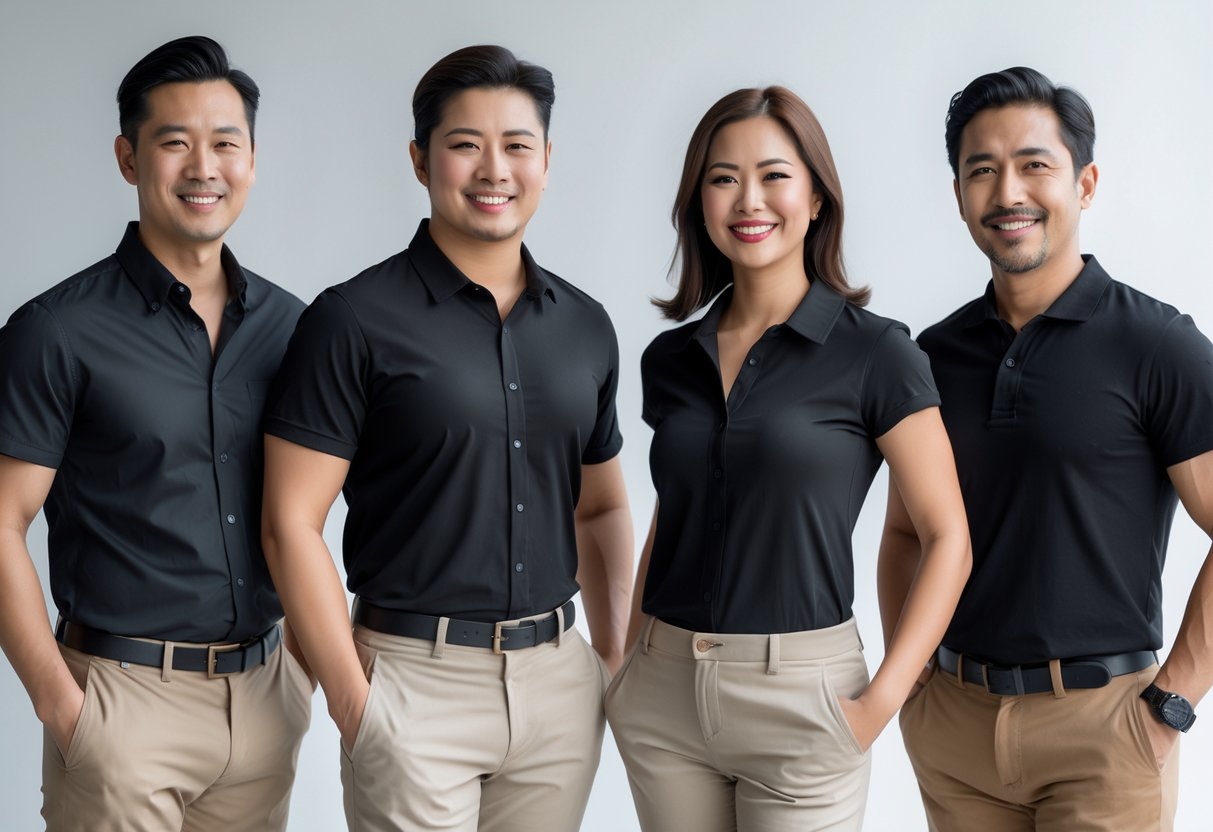 Four adults standing together, smiling, wearing black tops and light-colored pants against a plain background.