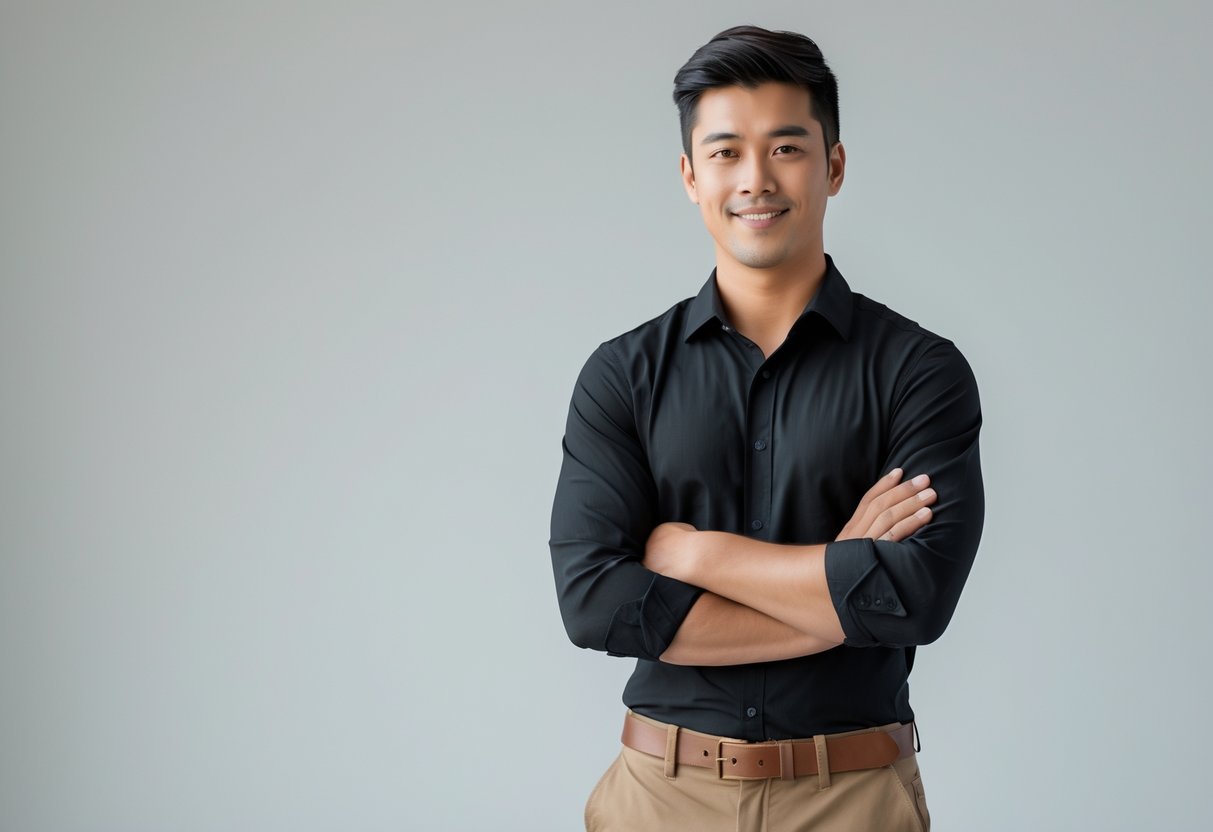 A young man wearing a black shirt and khaki pants standing with his arms crossed and smiling against a plain background.