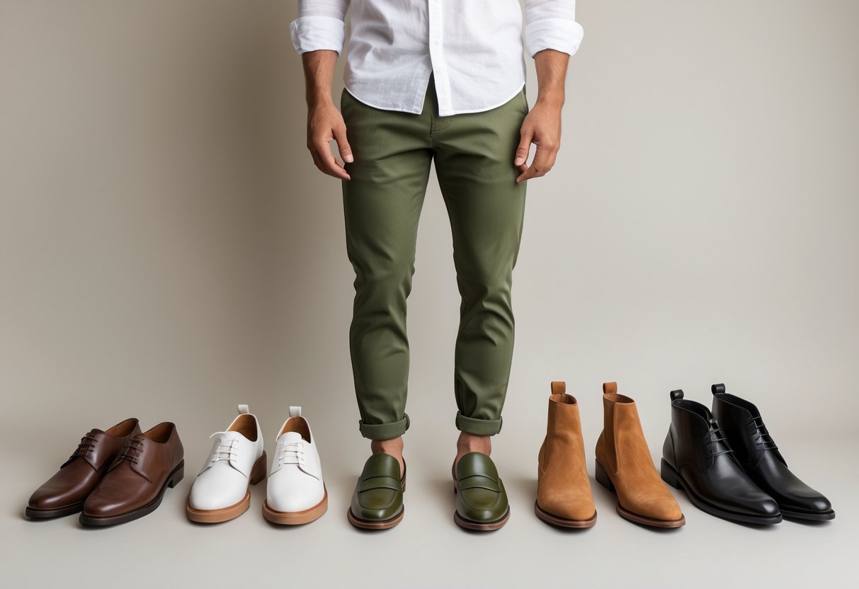 Person wearing olive green pants surrounded by different types of shoes on a neutral background.