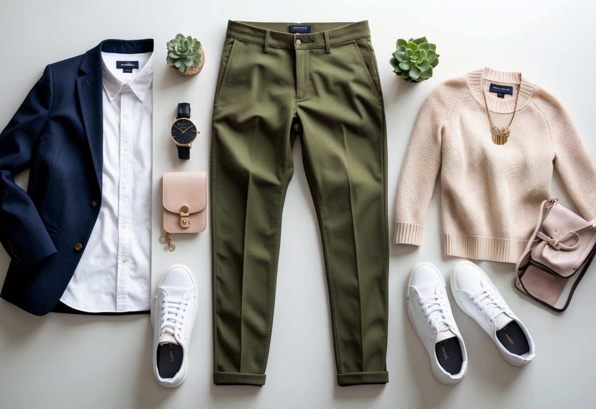 Flat lay of olive green pants surrounded by various clothing items and accessories for different occasions.