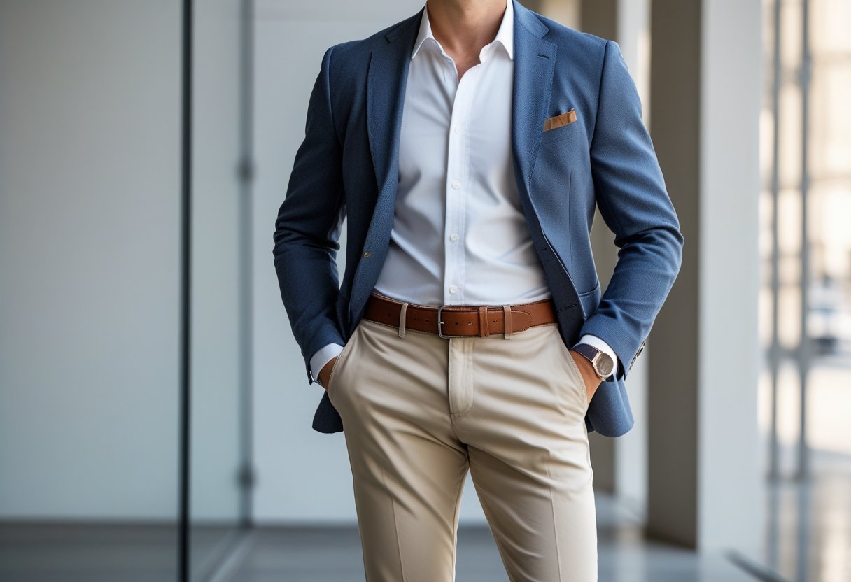 guy in blue suit and beige pants - featured image