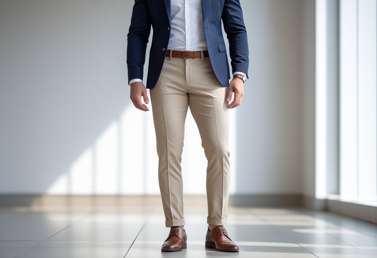 Person wearing beige pants paired with a white shirt and navy blazer standing in a modern, bright indoor setting.