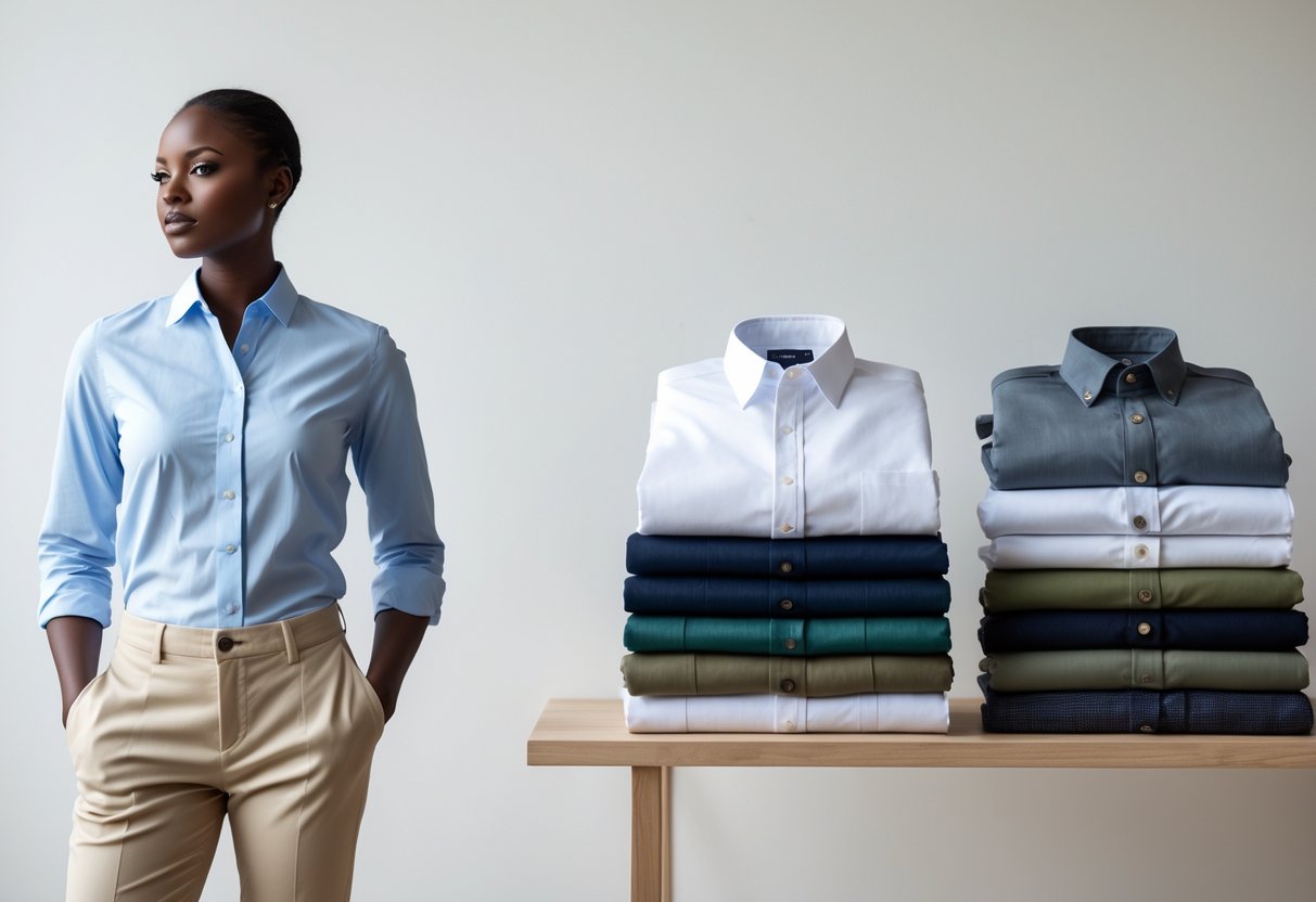 A person standing next to a table with neatly folded shirts and pants in various colors.