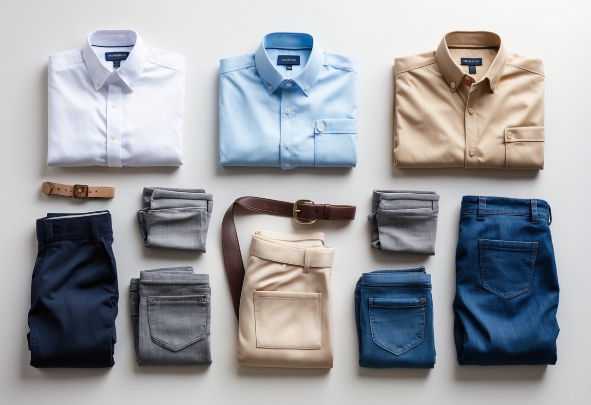A flat lay of various shirts and pants arranged to show different color combinations on a neutral background.
