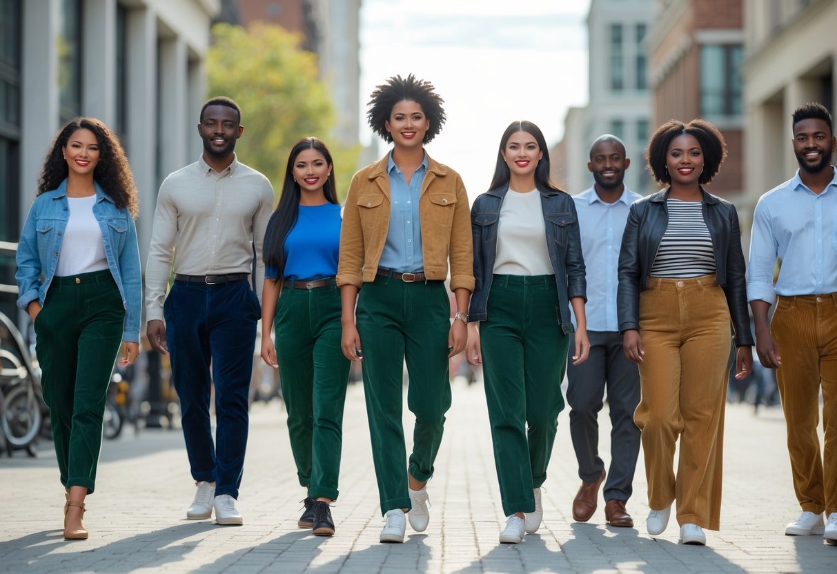A diverse group of people wearing corduroy pants in an outdoor urban setting.