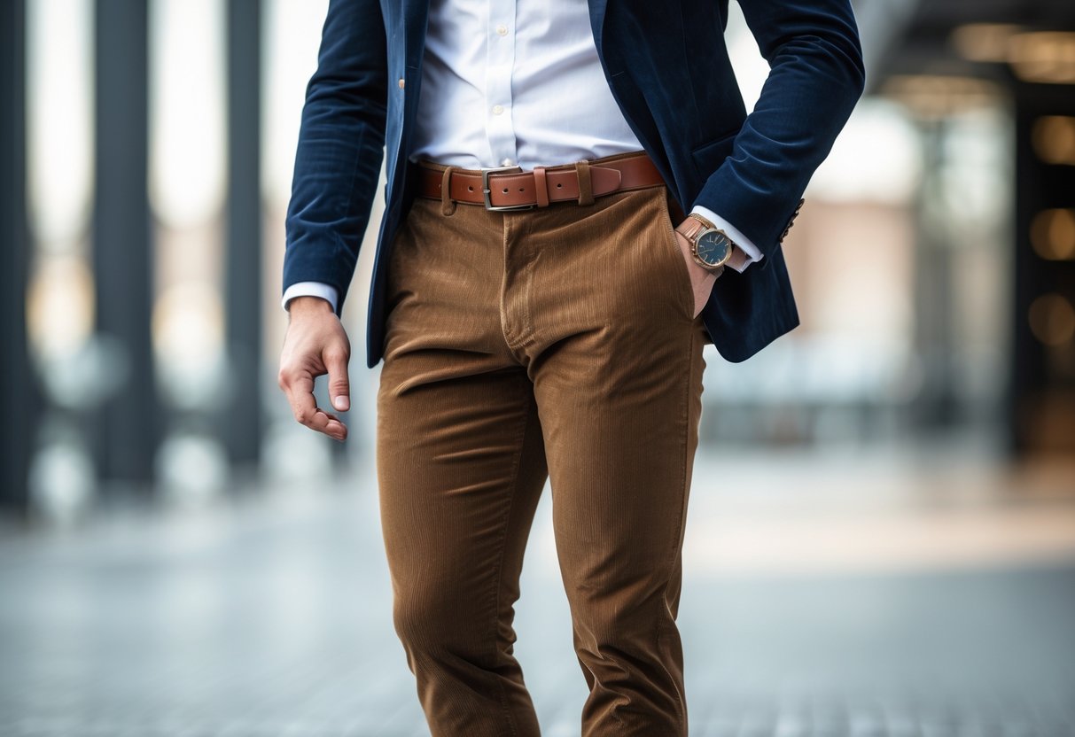 A man standing outdoors wearing brown corduroy pants, a white shirt, a navy blazer, and brown shoes.