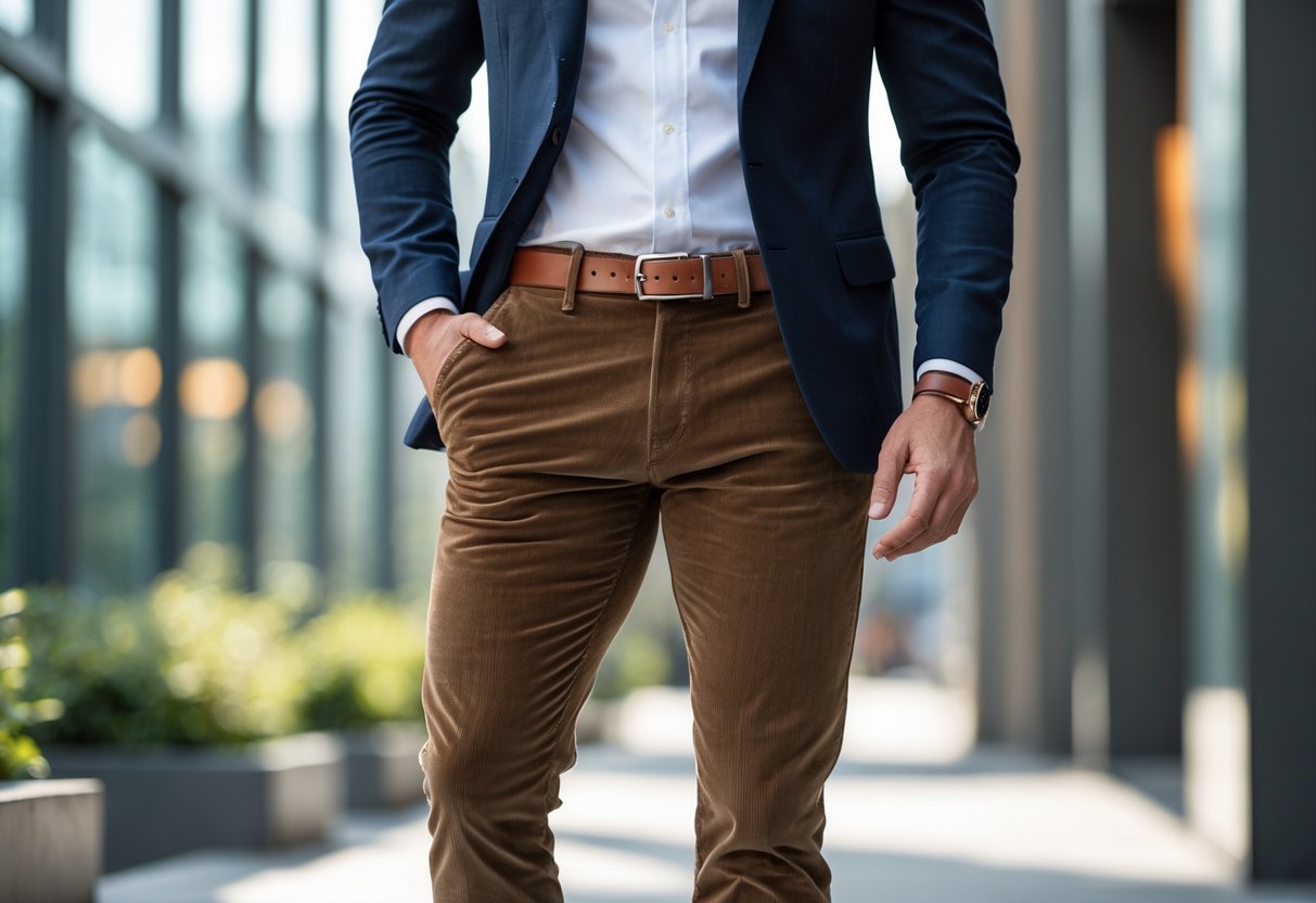 A man standing outdoors wearing brown corduroy pants, a white shirt, and a navy blazer.