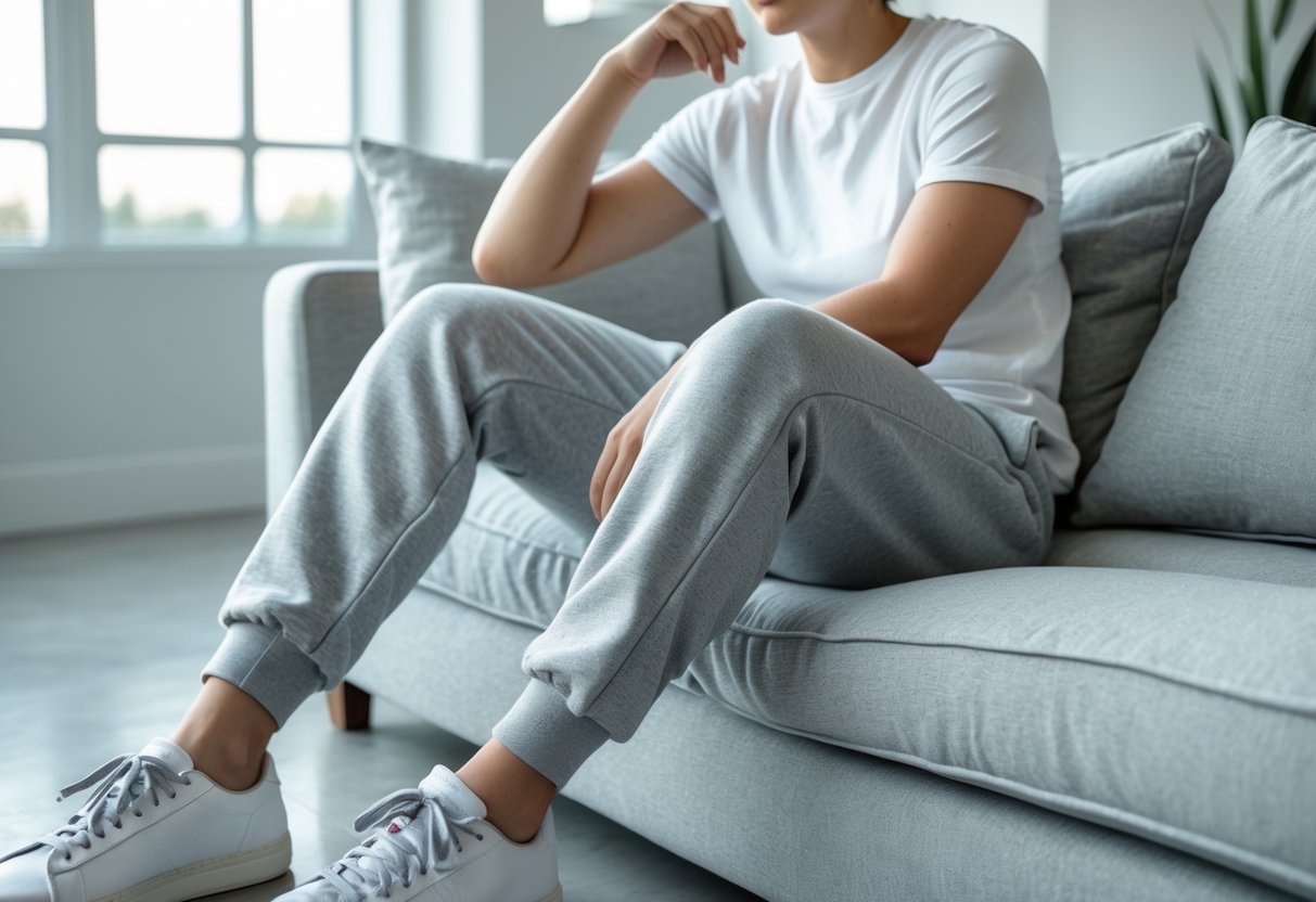 A person sitting on a sofa wearing grey sweatpants and casual shoes in a bright, modern room.