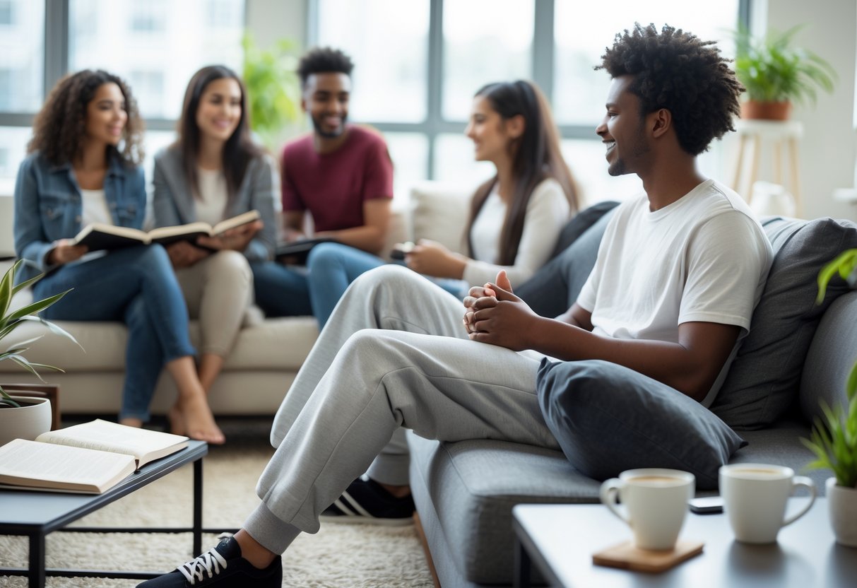 A group of young adults having a friendly conversation in a bright room, one person is wearing grey sweatpants and sitting on a sofa.