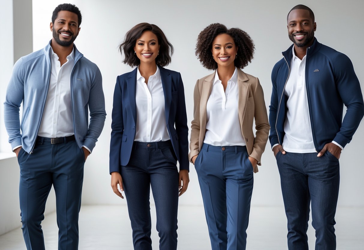 Four adults in a bright studio wearing quarter zip pullovers styled in different ways, standing and smiling together.