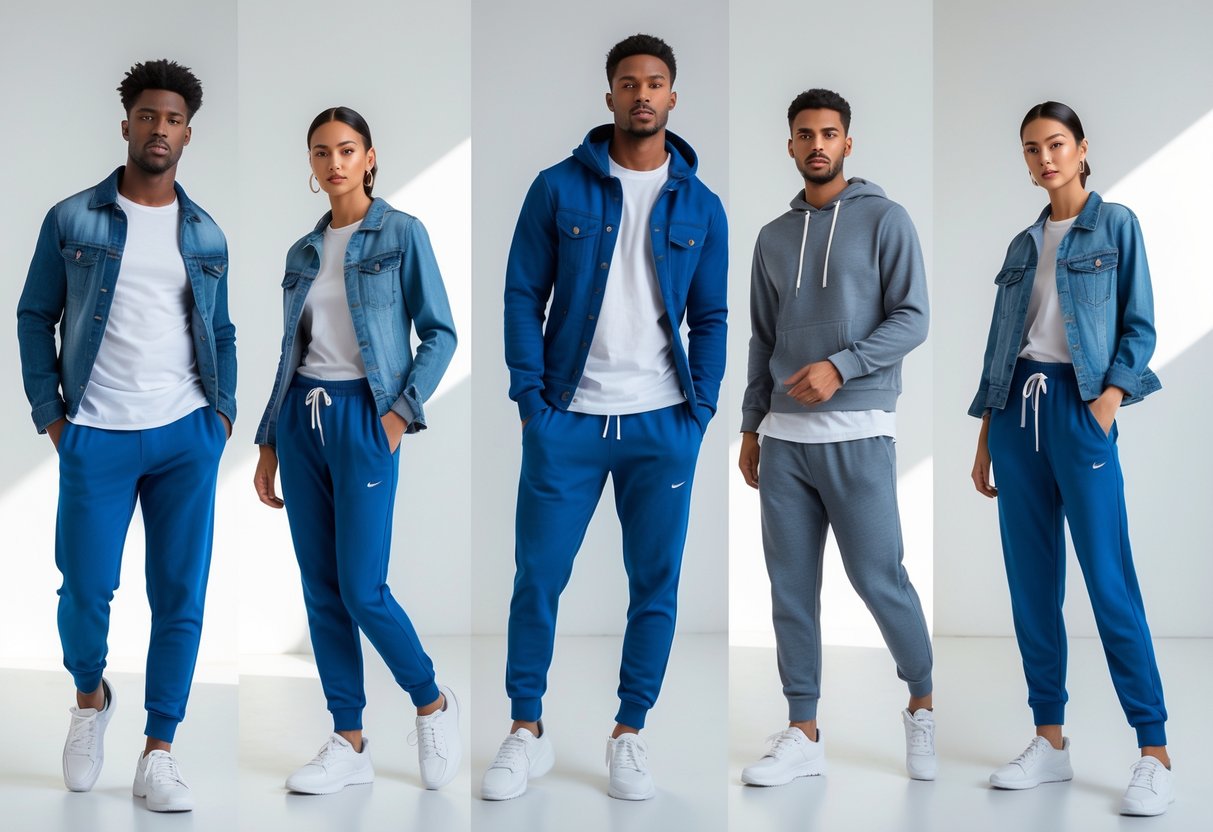 Several people wearing different outfits with blue sweatpants posed in a bright studio.