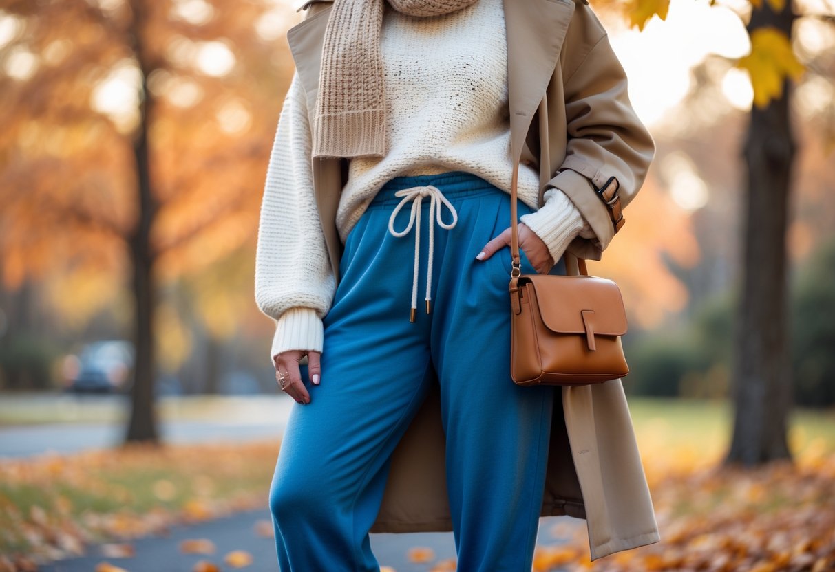 Person wearing blue sweatpants, a cream sweater, and a brown coat standing outdoors with autumn leaves in the background.