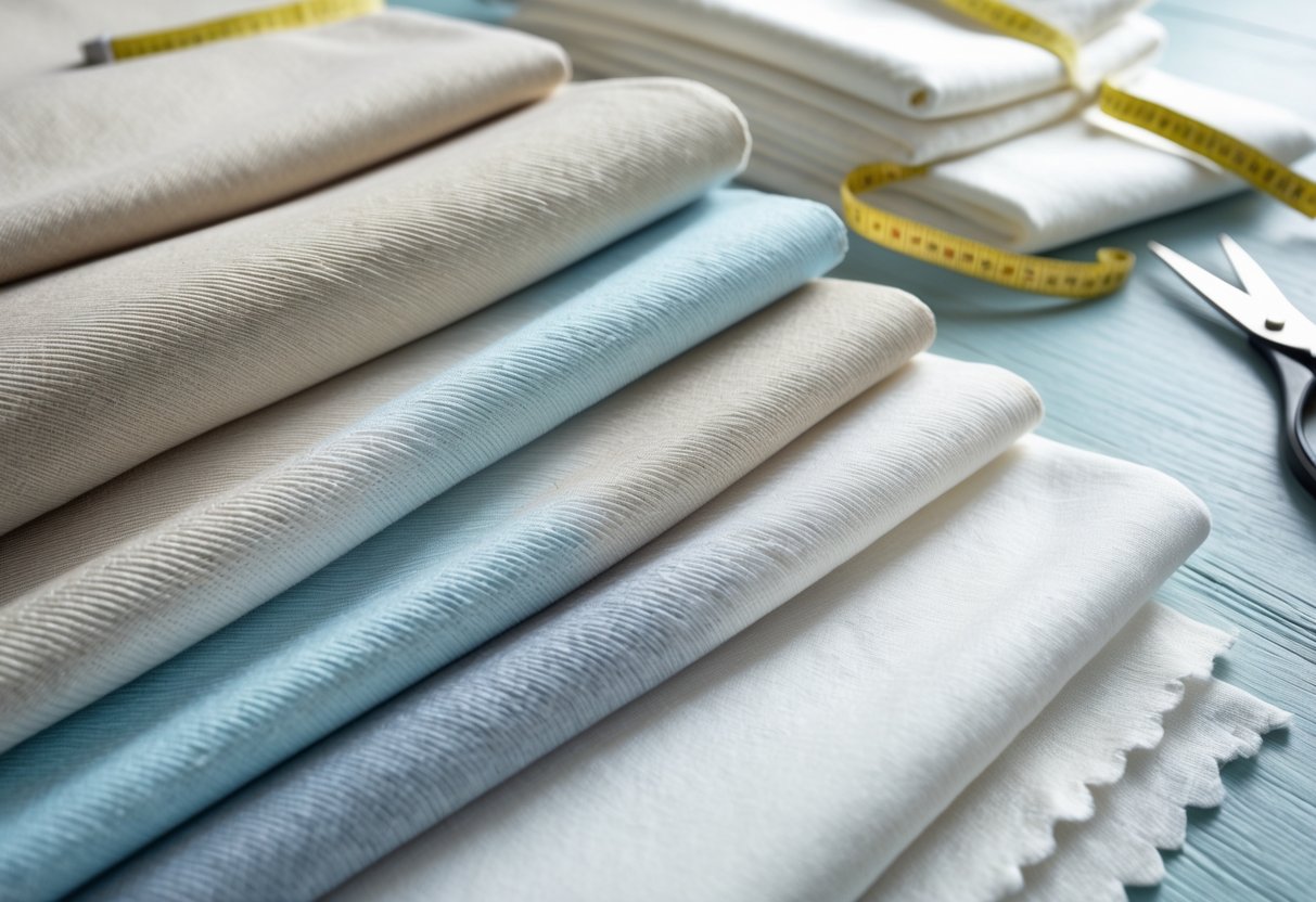 Various lightweight twill fabric samples in pastel colors arranged on a wooden surface with scissors and measuring tape nearby.