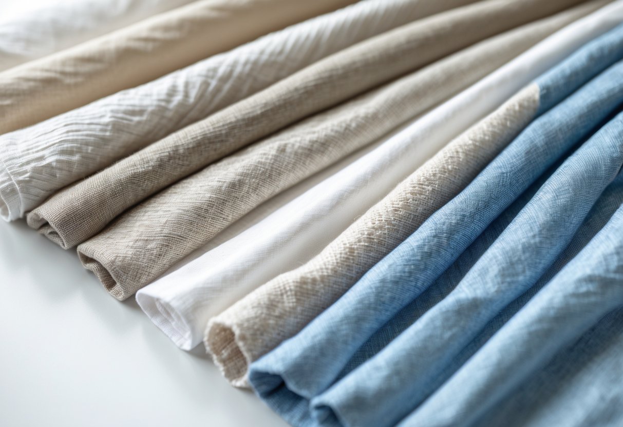 Close-up view of different summer fabrics including twill, linen, cotton, and chambray arranged side by side on a white surface.