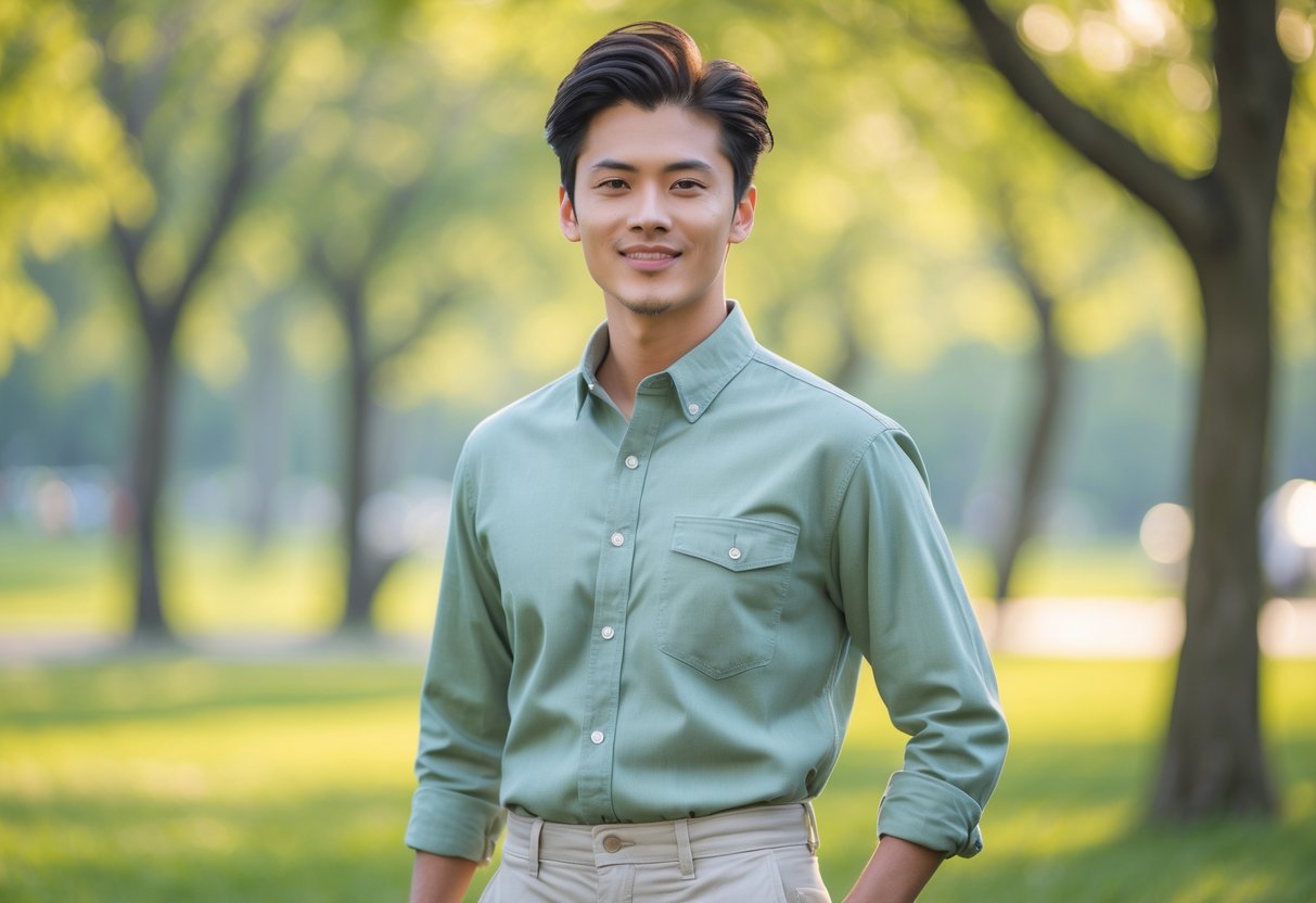A young adult standing in a sunny park wearing a light twill shirt and pants suitable for summer.