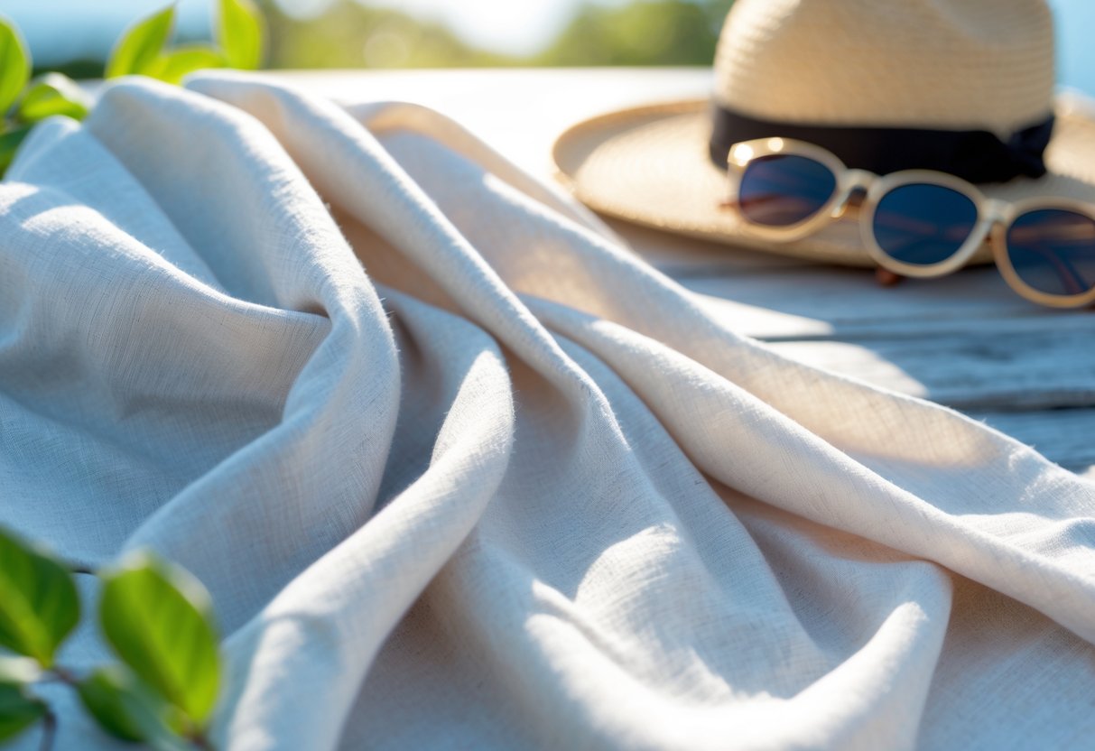 Close-up of lightweight twill fabric draped outdoors with summer accessories like sunglasses and a straw hat nearby.
