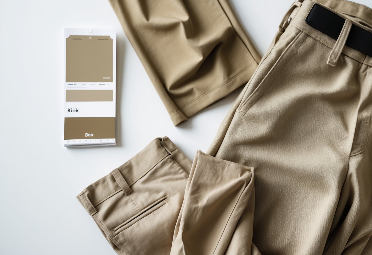 Flat lay of khaki pants, fabric swatch, paint palette, and textured fabric arranged on a white background.