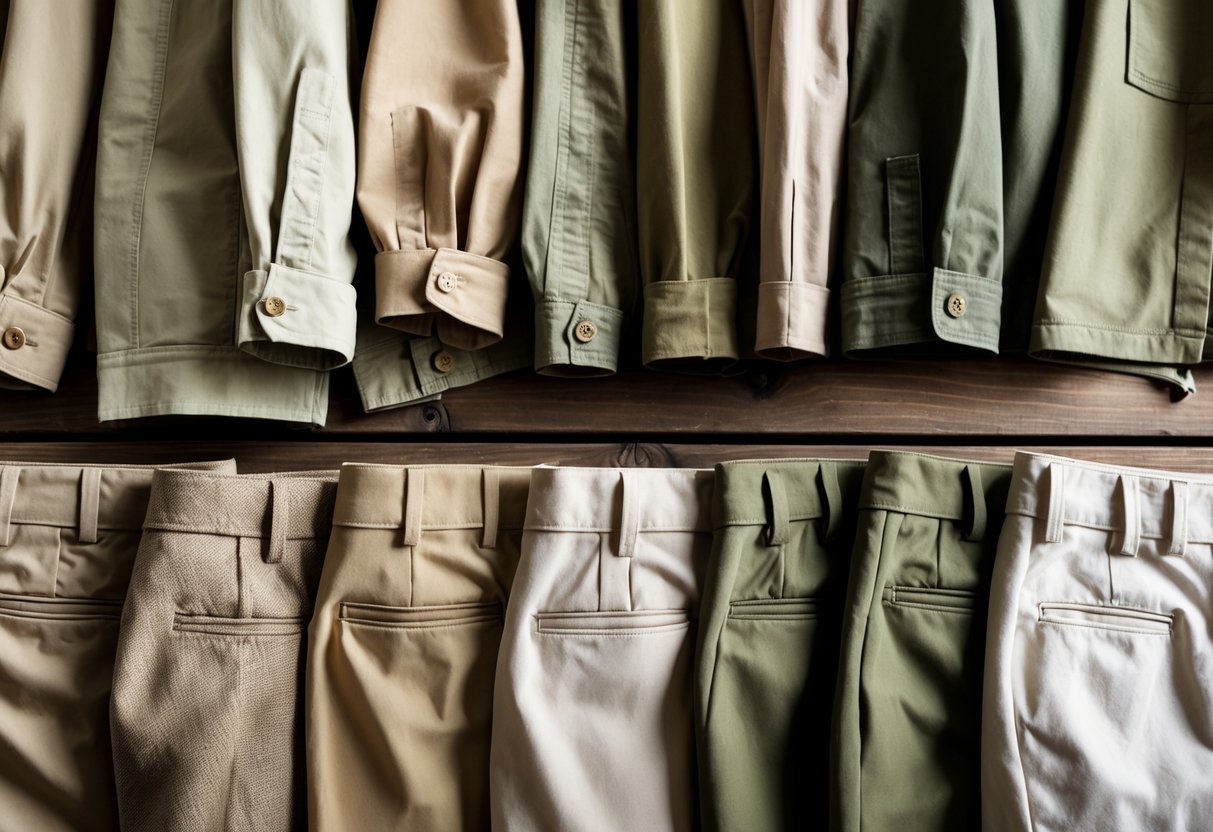 A collection of different khaki clothing items in various shades and fabrics arranged on a wooden surface.