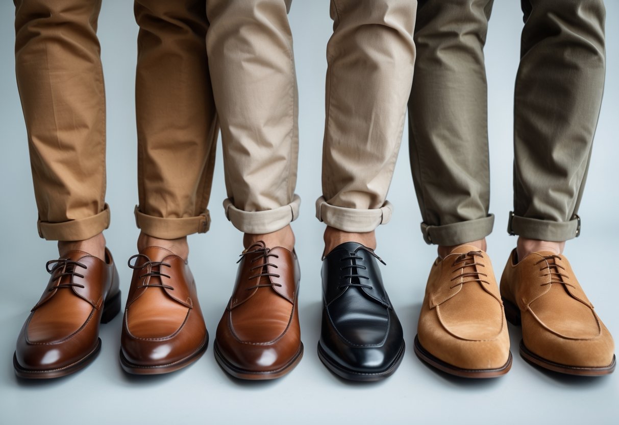 Close-up of khaki pants paired with three different shoe colors: brown leather loafers, black dress shoes, and tan suede shoes.