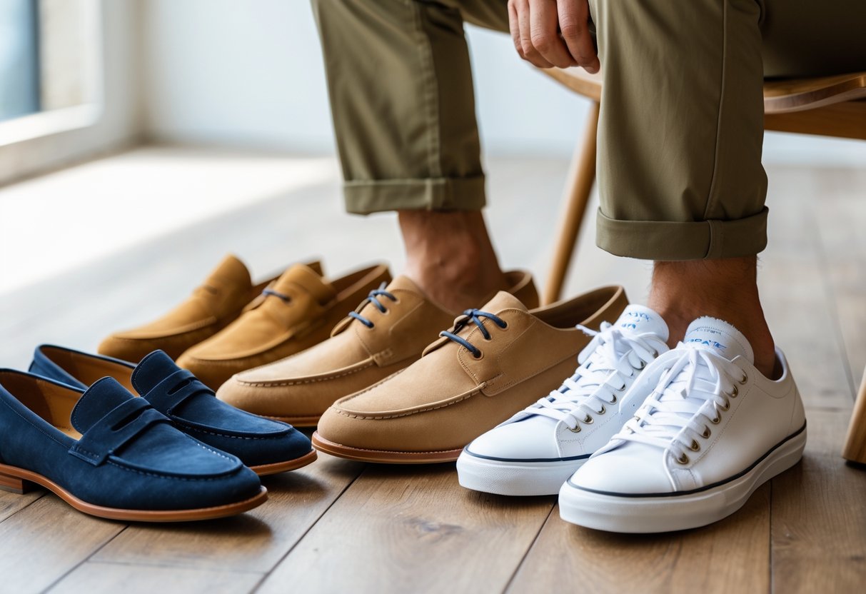 Close-up of a person wearing khaki pants with several pairs of shoes arranged nearby on a wooden floor.