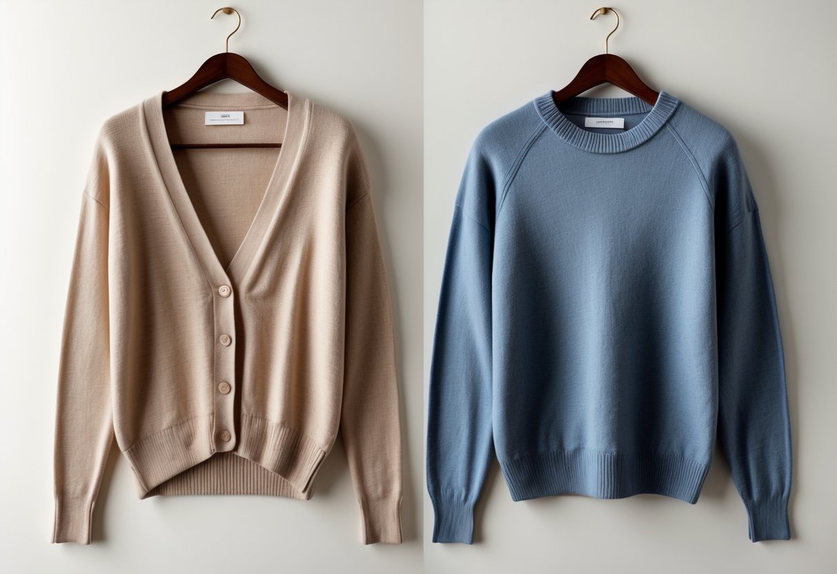 Two knitwear garments hanging side by side on wooden hangers, one a buttoned cardigan and the other a pullover sweater, displayed against a plain background.