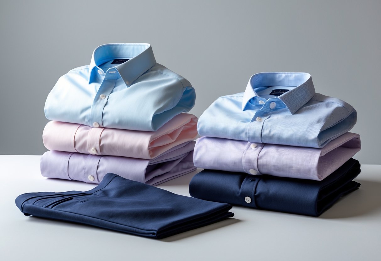 A collection of shirts in white, light blue, pink, and patterned colors arranged next to navy blue pants on a neutral background.