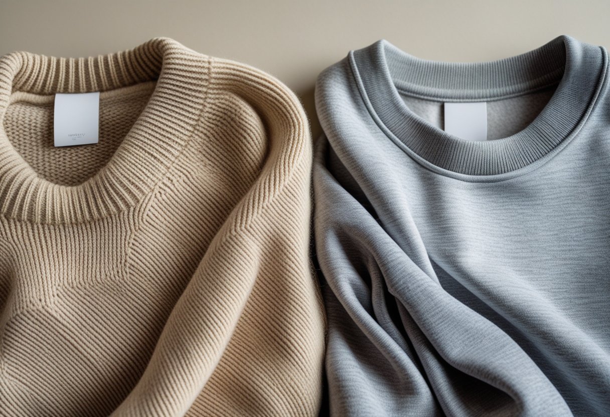 A close-up view of a beige wool sweater and a gray cotton sweatshirt placed side by side to show their different fabric textures.