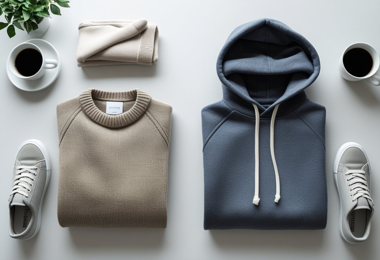 A folded wool sweater and a folded cotton hoodie placed side by side on a neutral background with casual sneakers and a coffee cup nearby.